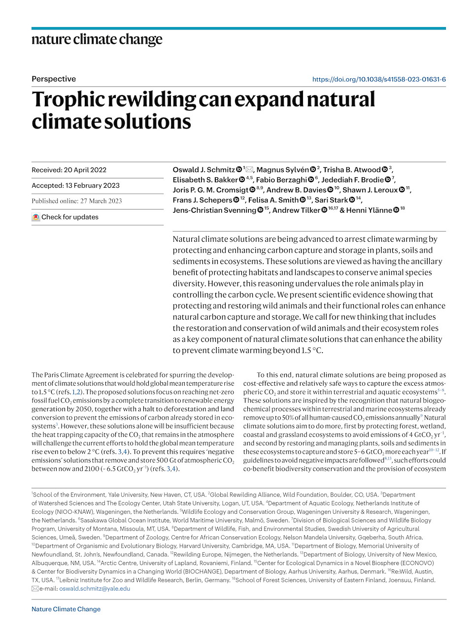 Trophic rewilding can expand natural climate solutions (PDF)