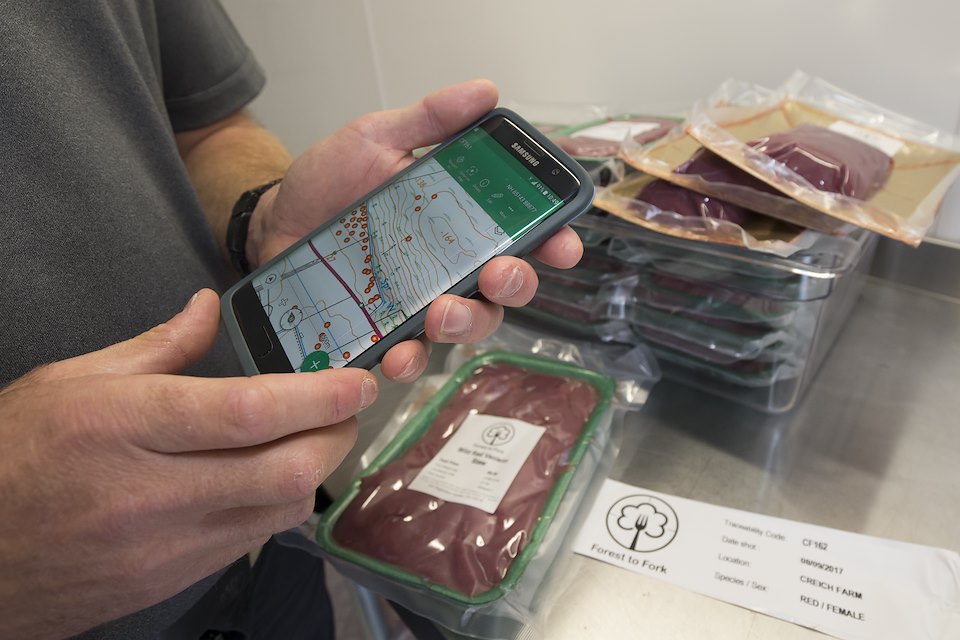 Nick Richards, owner of Forest to Fork, a supplier of wild venison in Scotland demonstrates use of GPS technology to track the origin of culled deer.
