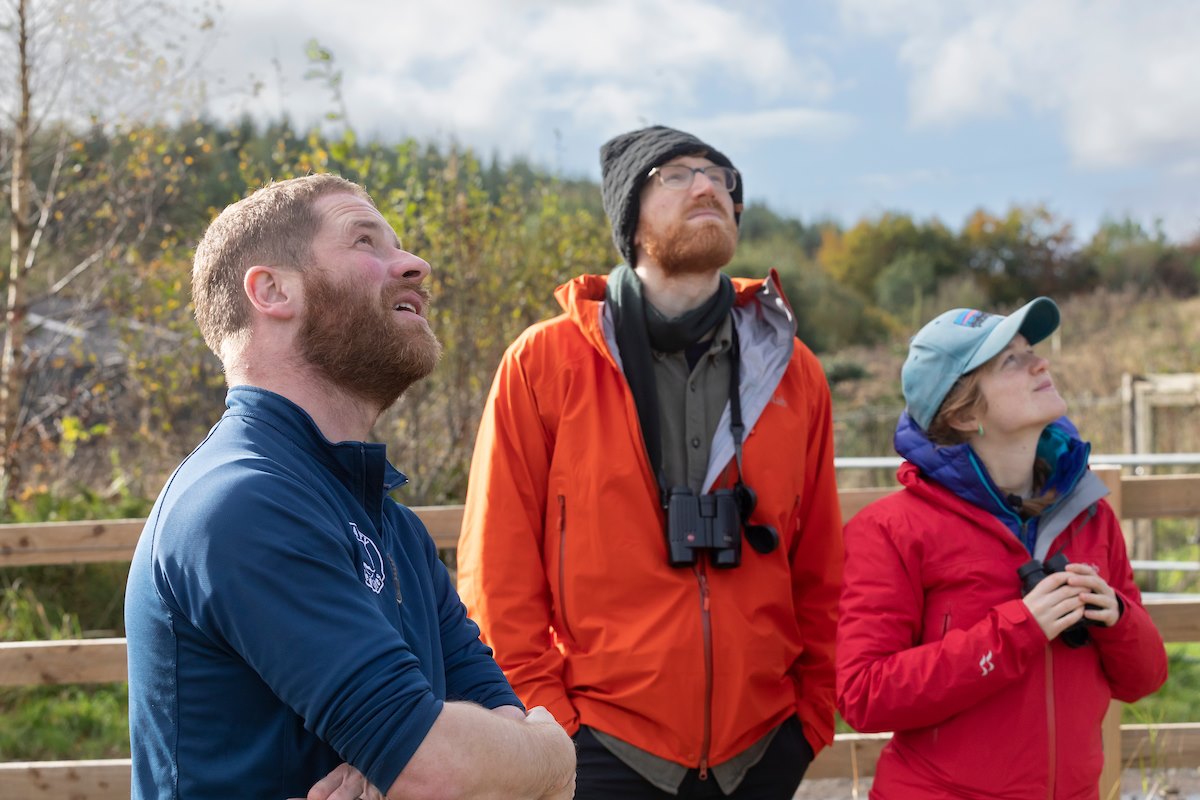 Tom Bowser, owner of Argaty Red Kite Centre, in conversation with visitors, Doune, Scotland