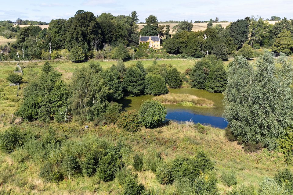Aerial view of pond and woodland, Black Isle Brewery, Munlochy