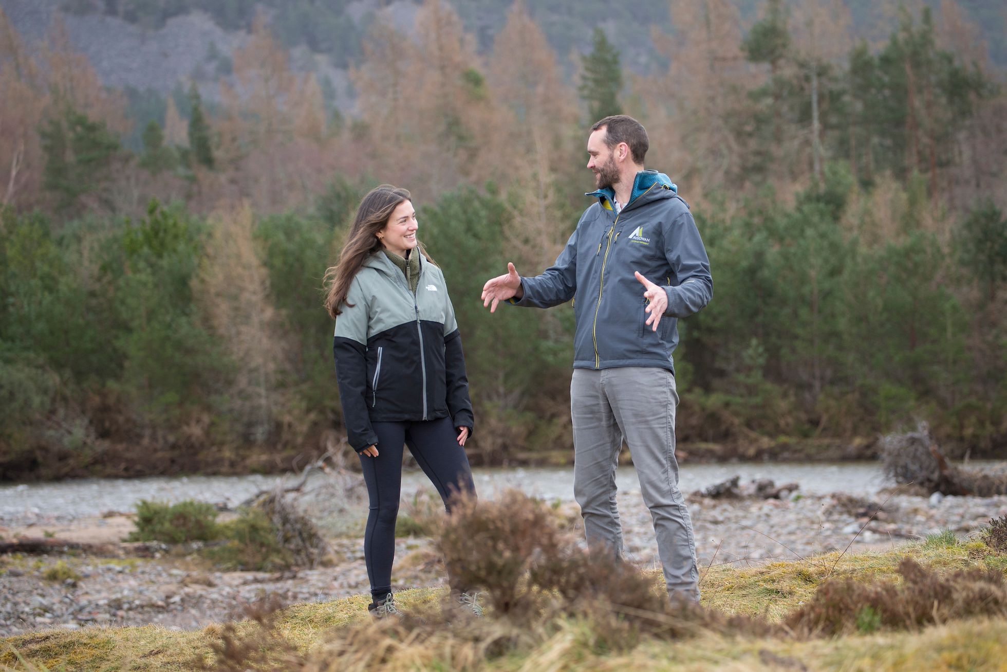 Kathleen Slaney and Sam Hesling discuss the funding partnership agreed by McGowan Environmental Ltd and SBP, Glenfeshie, February 2024.
