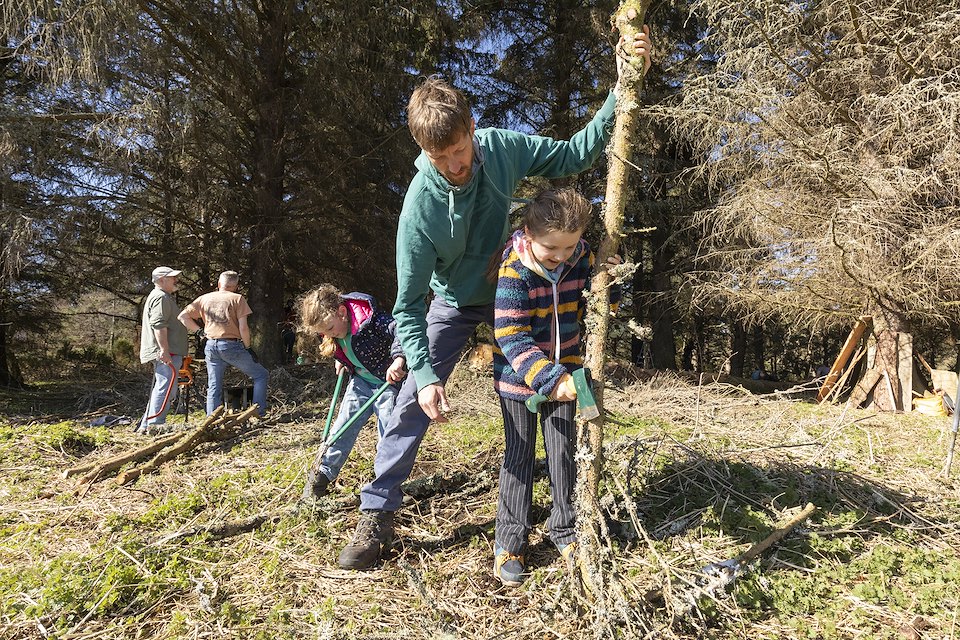 Child using hand axe to cut wood under supervision at 'RESTORE' - a community woodland crafts and skills project at Lynamer, a Northwoods Rewilding Network land partner, Nethybridge, Cairngorms National Park, April 2023