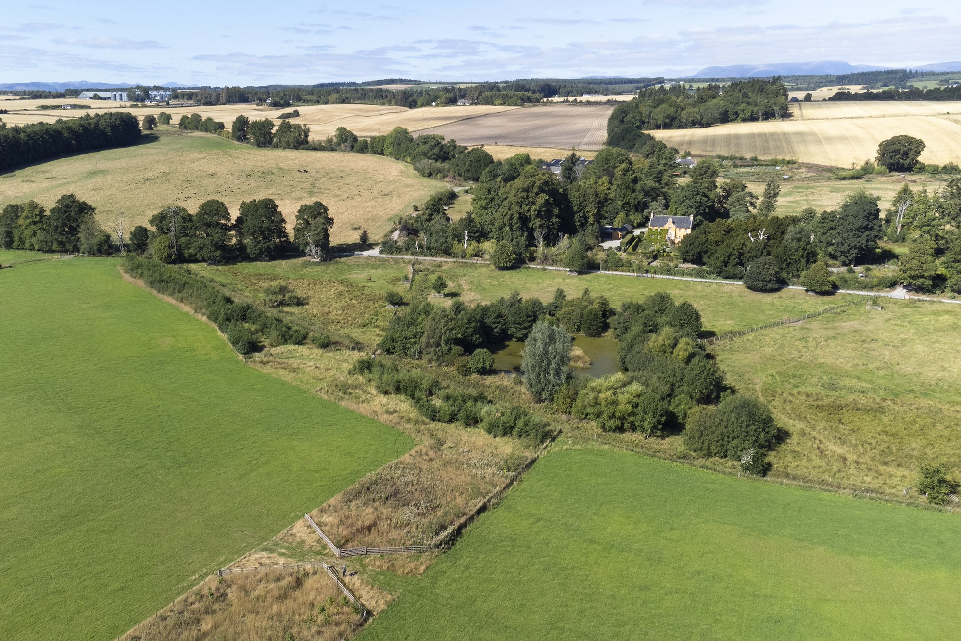 Aerial view of farm and fields, Black Isle Brewery, Munlochy